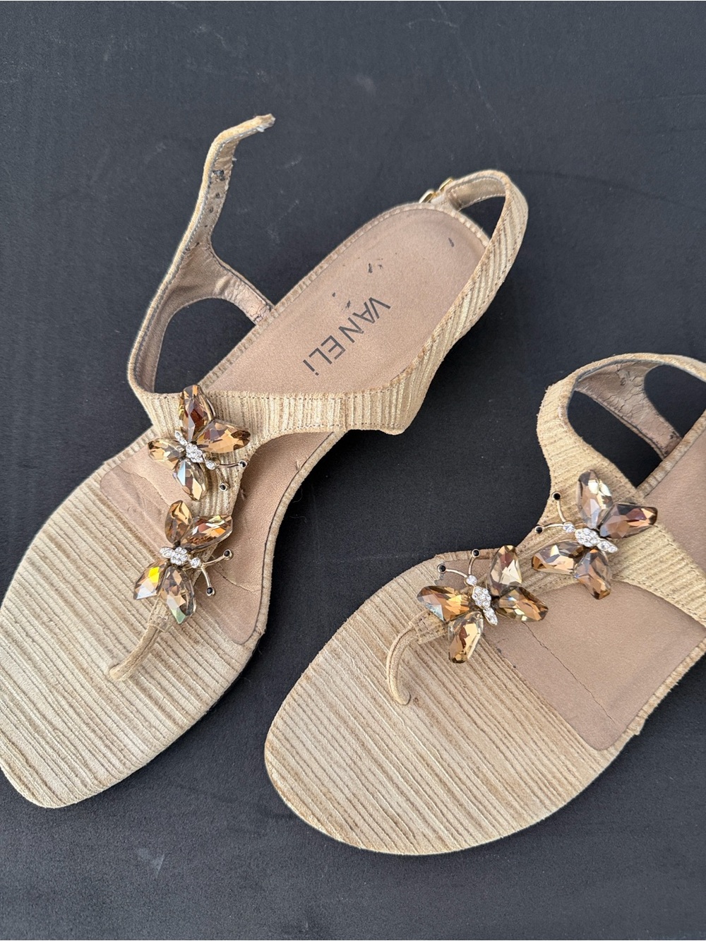 Vaneli Gold Jeweled T-Strap Sandals